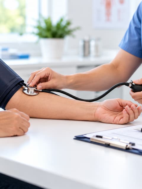 A clinician taking a patient's blood pressure with a cuff and stethoscope